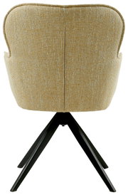 Achterkant van een fauteuil met een beige stoffen bekleding en zwarte metalen poten.