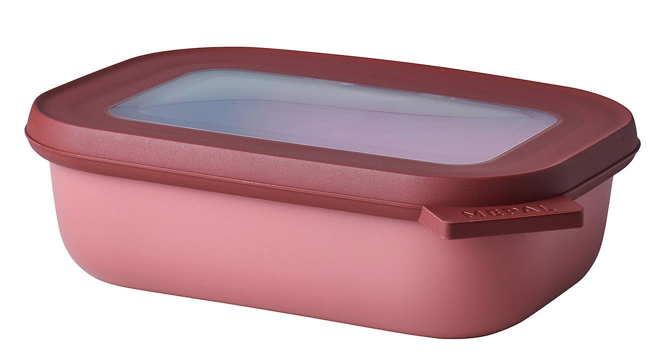 Rechteckige Multischüssel in Vivid Mauve mit transparentem Deckel, seitliche Perspektive