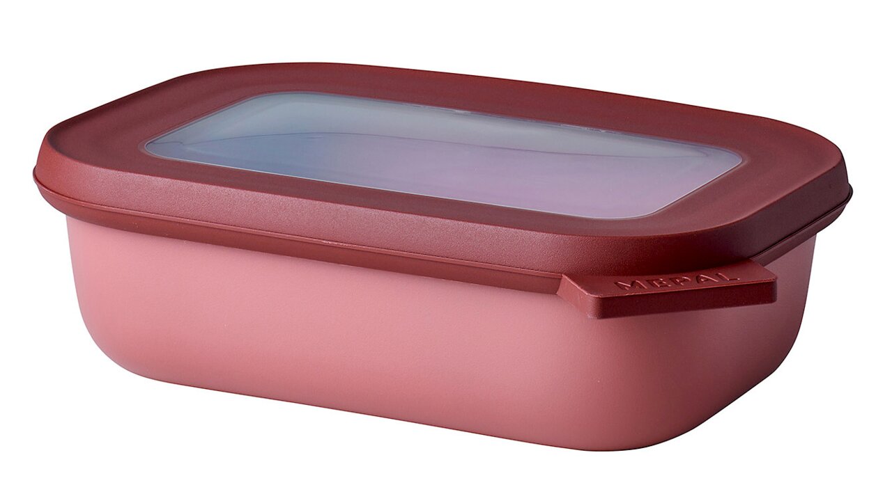 Rechteckige Multischüssel in Vivid Mauve mit transparentem Deckel, seitliche Perspektive