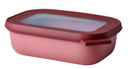 Rechteckige Multischüssel in Vivid Mauve mit transparentem Deckel, seitliche Perspektive
