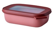 Rechteckige Multischüssel in Vivid Mauve mit transparentem Deckel, seitliche Perspektive
