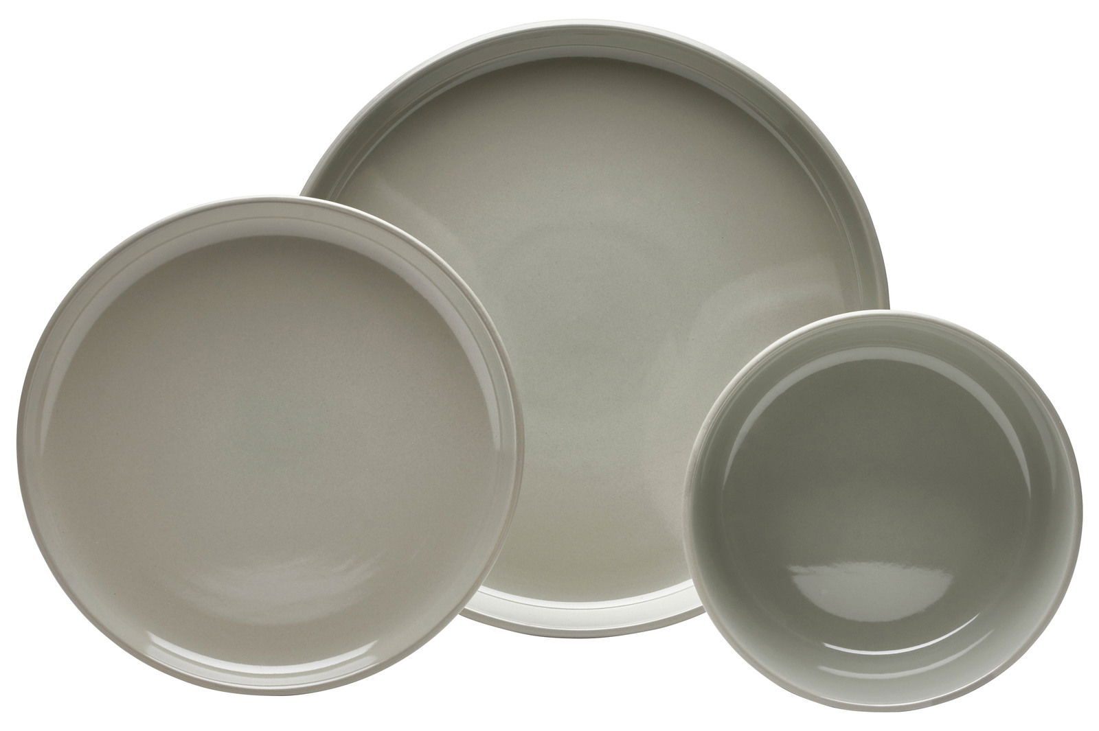 Draufsicht auf ein 16-teiliges Kombiservice Linz in neutralen Grautönen, bestehend aus verschiedenen Tellern und einer Schüssel.