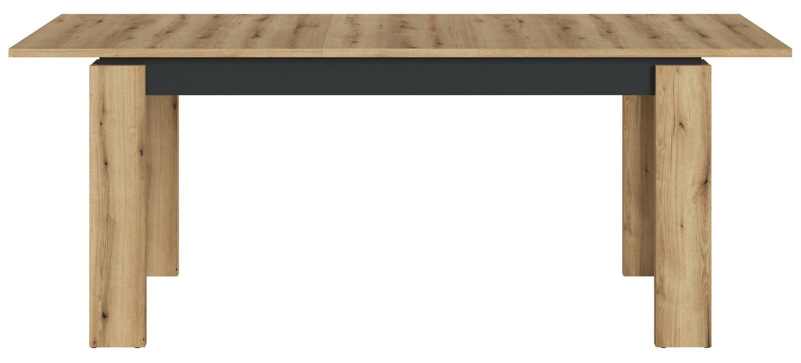 Moderner Esstisch aus Holz mit schwarzem Akzent, Frontalansicht