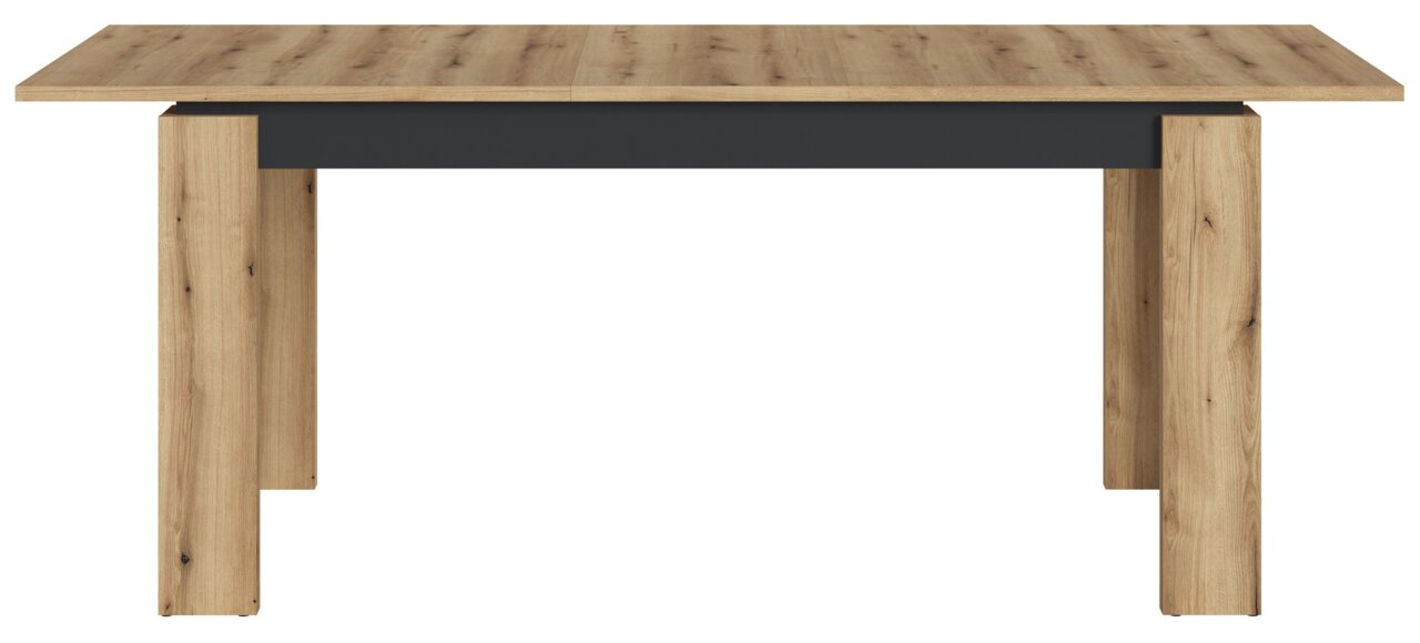 Moderne houten eettafel met zwarte accenten, vooraanzicht