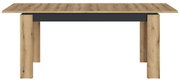 Moderne houten eettafel met zwarte accenten, vooraanzicht
