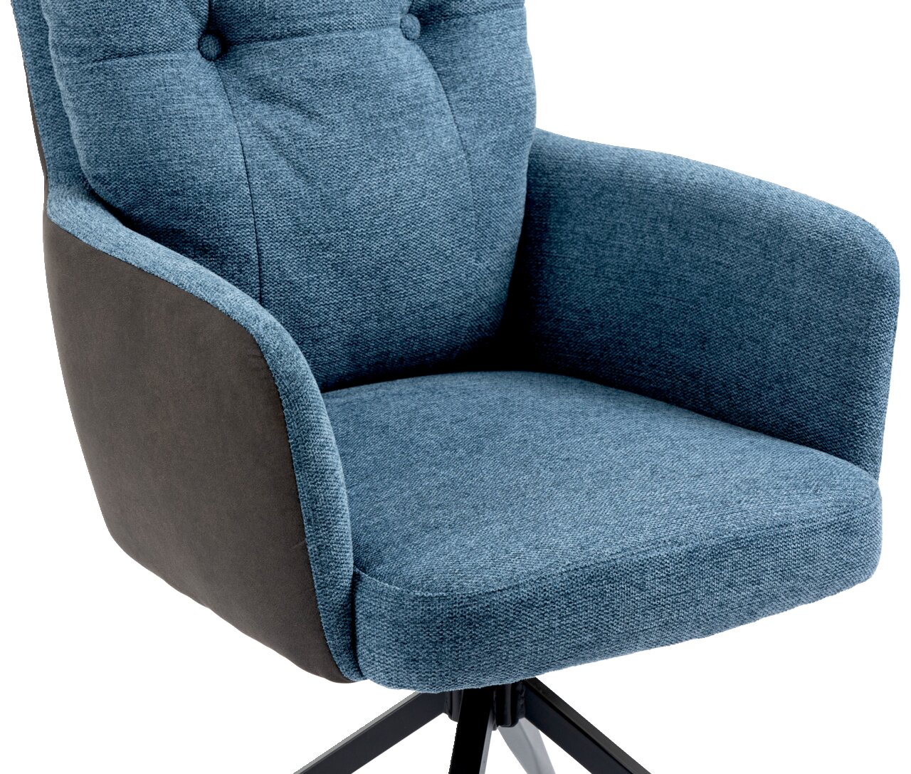 Moderner Sessel in Blau mit gepolstertem Sitz und Rückenlehne, seitliche Ansicht.