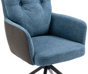 Moderner Sessel in Blau mit gepolstertem Sitz und Rückenlehne, seitliche Ansicht.