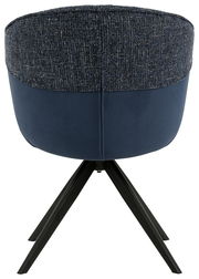 Rückansicht eines Armlehnstuhls mit blauem Stoffbezug und schwarzen Metallbeinen.