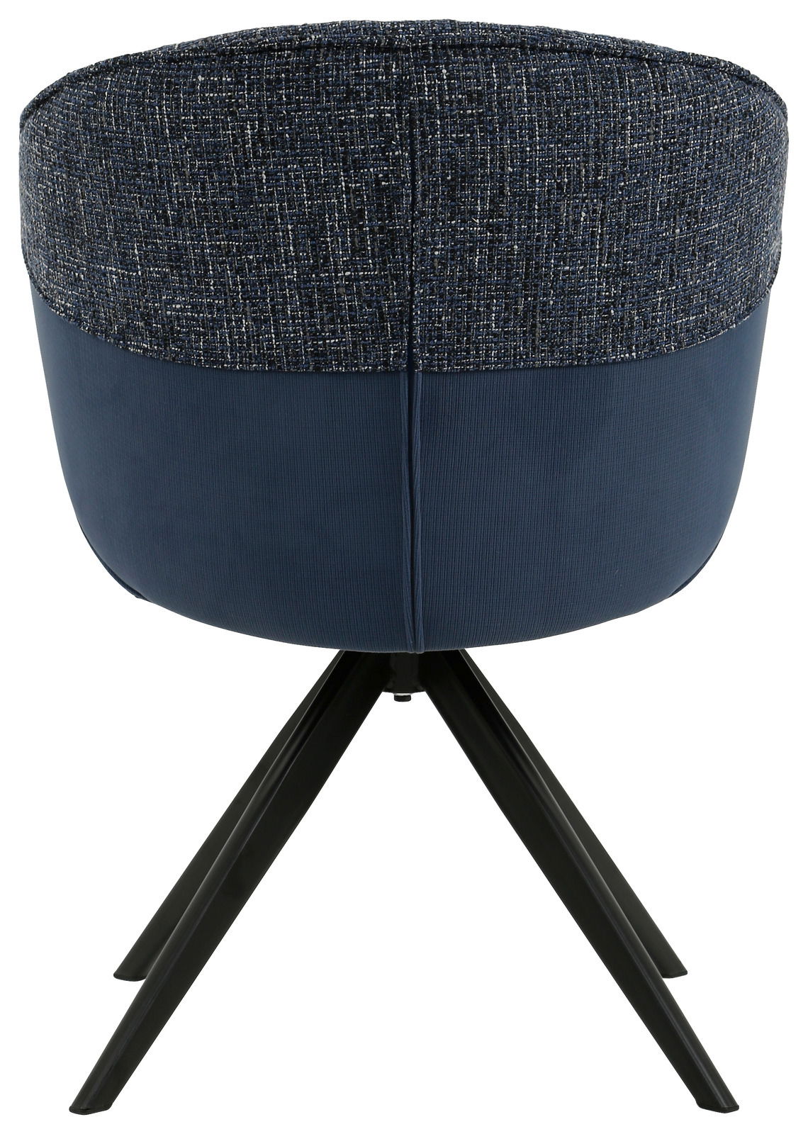 Rückansicht eines Armlehnstuhls mit blauem Stoffbezug und schwarzen Metallbeinen.