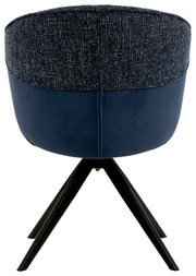 Achterkant van een fauteuil met blauwe stoffen bekleding en zwarte metalen poten.