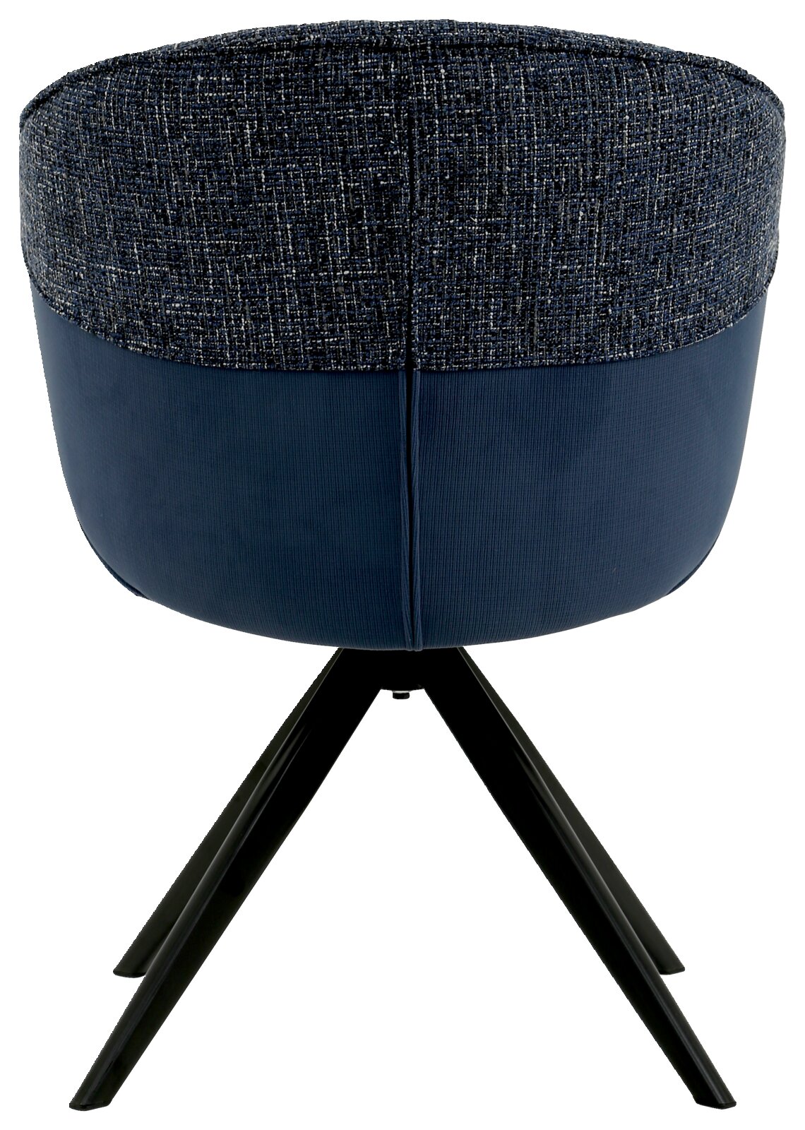 Achterkant van een fauteuil met blauwe stoffen bekleding en zwarte metalen poten.