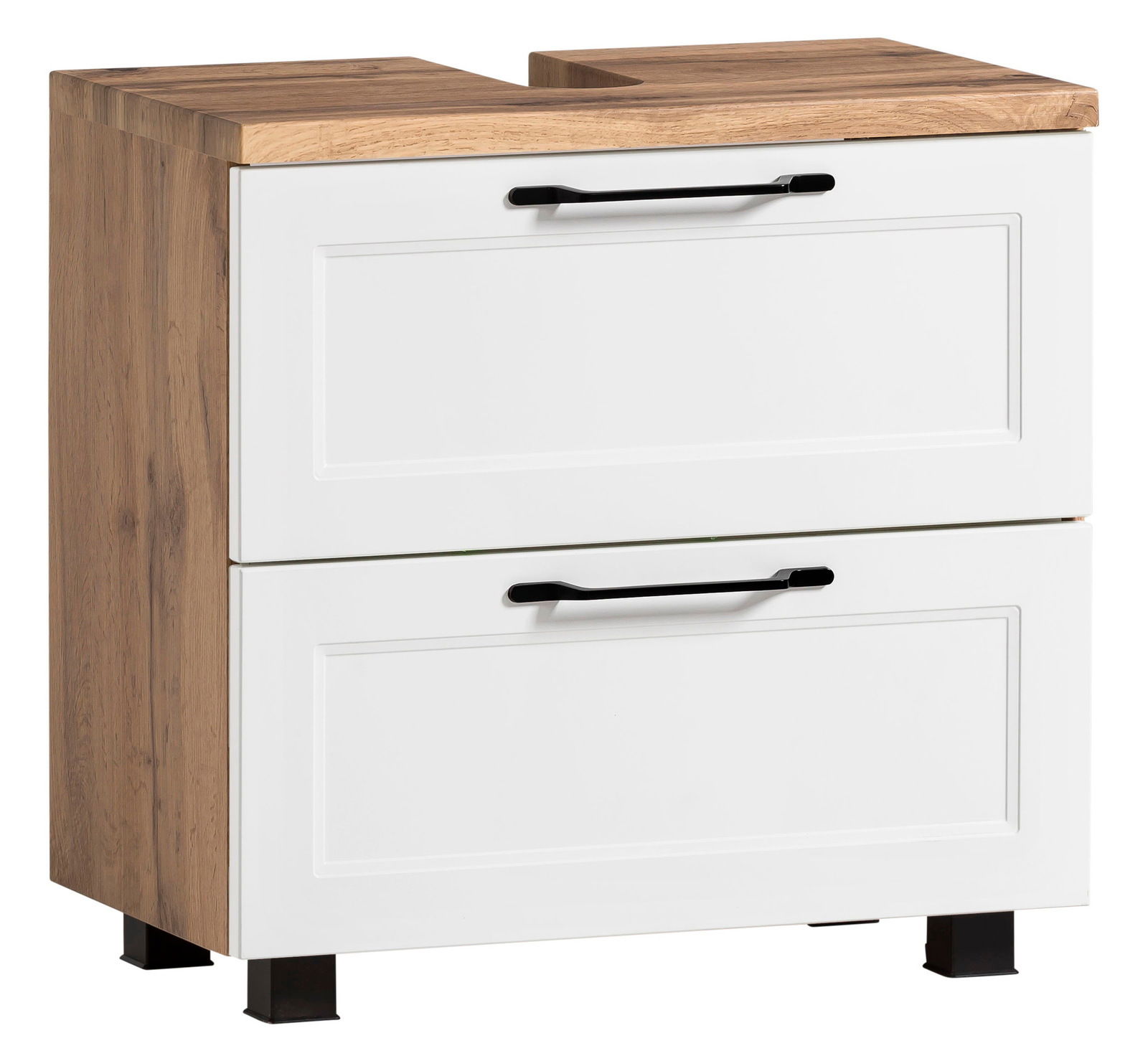 XORA Waschbeckenunterschrank MERAN Waschbeckenunterschrank aus Holz mit zwei weißen Schubladen und schwarzen Griffen, seitliche Perspektive
