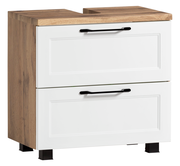 Waschbeckenunterschrank aus Holz mit zwei weißen Schubladen und schwarzen Griffen, seitliche Perspektive