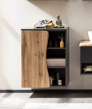 Moderner Unterschrank mit Holzfront und offenen Regalfächern, seitliche Perspektive