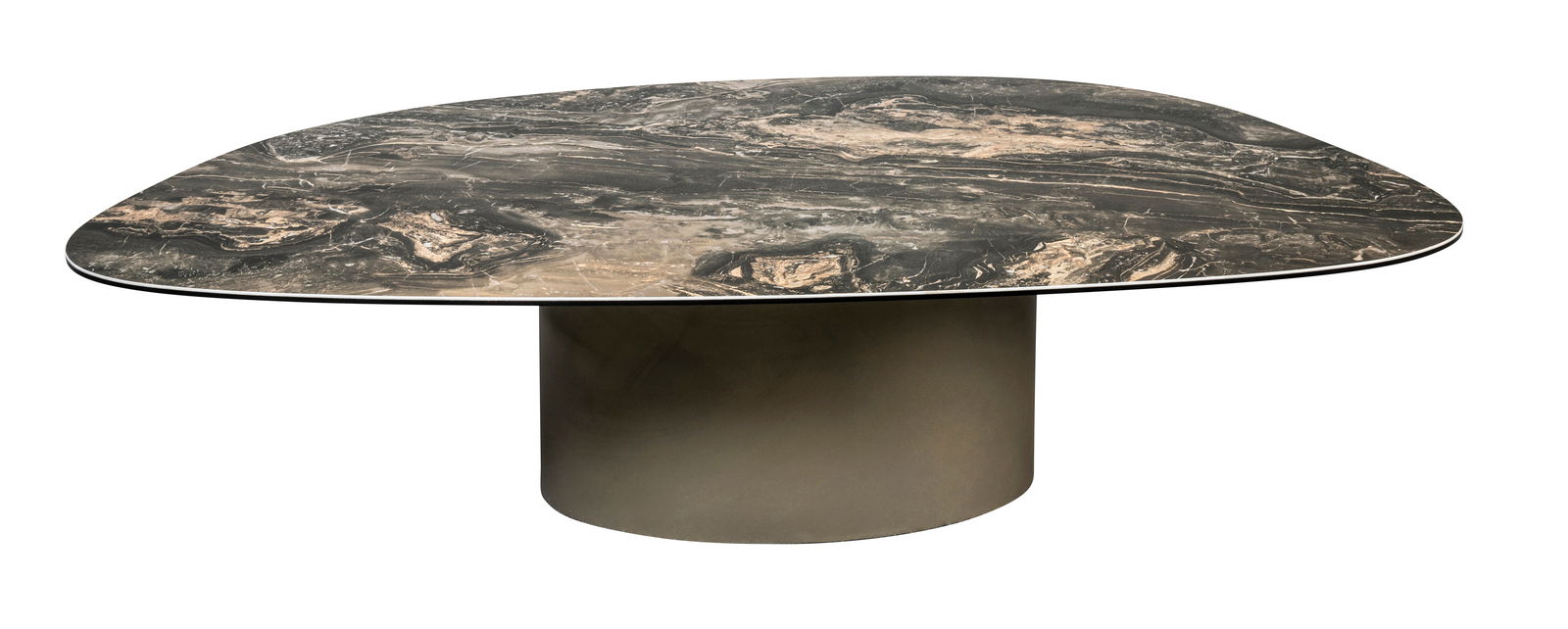 Moderner Couchtisch mit marmorierter Tischplatte und zylindrischem Sockel, seitliche Perspektive