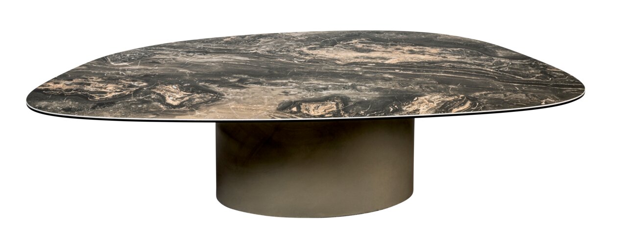 Dieter Knoll Couchtisch SORRENTO 1 Moderner Couchtisch mit marmorierter Tischplatte und zylindrischem Sockel, seitliche Perspektive