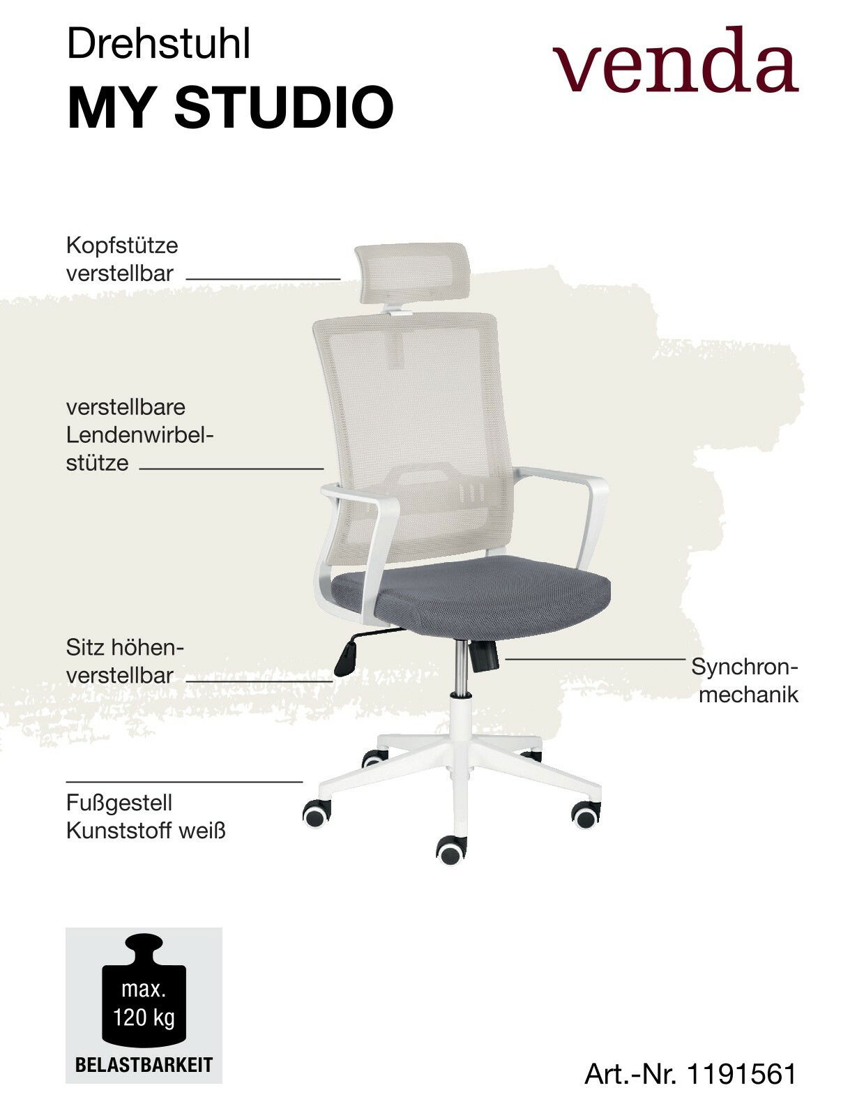 Drehstuhl MY STUDIO von venda mit verstellbarer Kopfstütze, Lendenwirbelstütze und höhenverstellbarem Sitz, weißem Kunststoff-Fußgestell, seitliche Perspektive