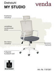Drehstuhl MY STUDIO von venda mit verstellbarer Kopfstütze, Lendenwirbelstütze und höhenverstellbarem Sitz, weißem Kunststoff-Fußgestell, seitliche Perspektive