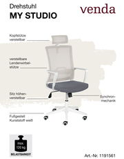 Drehstuhl MY STUDIO von venda mit verstellbarer Kopfstütze, Lendenwirbelstütze und höhenverstellbarem Sitz, weißem Kunststoff-Fußgestell, seitliche Perspektive