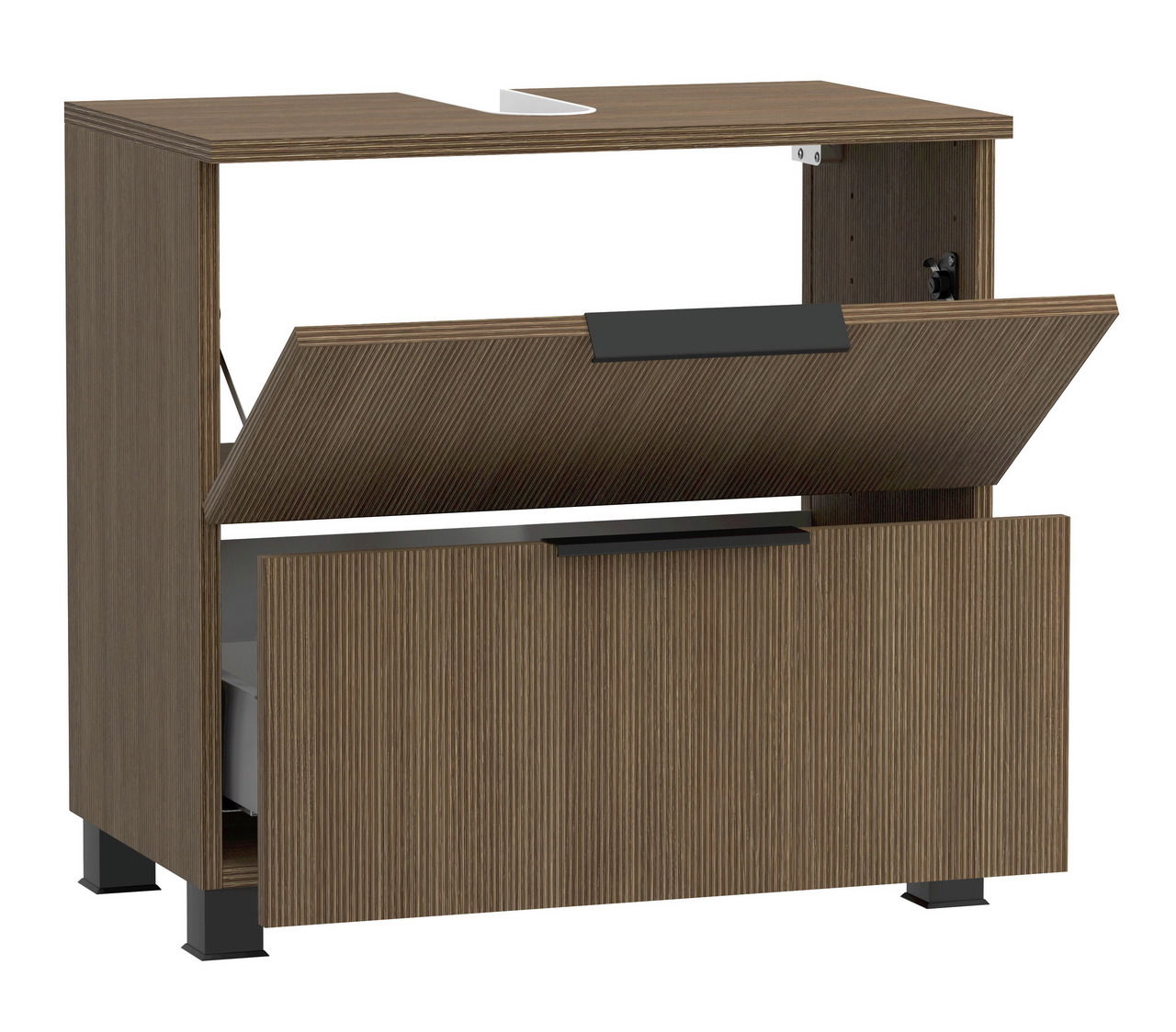 Moderner Waschbeckenunterschrank aus Holz mit zwei Schubladen, Frontansicht