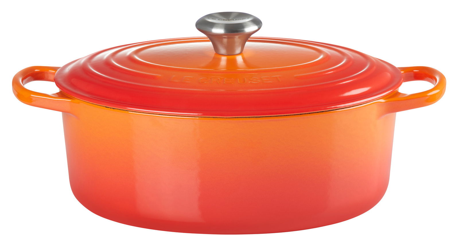 Runder Bräter in Ofenrot mit Deckel und zwei Griffen, seitliche Perspektive