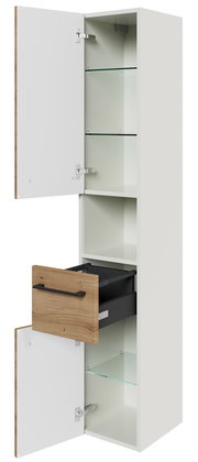 Hochschrank mit offenen Türen und Schublade, weiße Fronten, Holzschublade, Glasböden, seitliche Perspektive