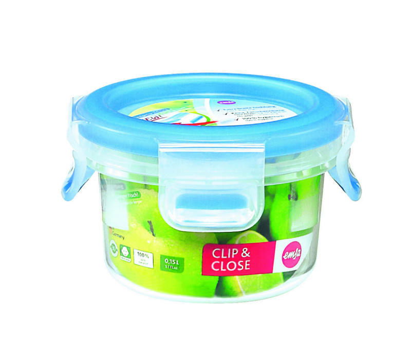 Runde Frischhaltedose mit blauem Deckel und Clip-Verschluss, 0,15 Liter, Vorderansicht