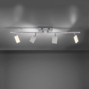 Moderne Deckenleuchte aus Aluminium mit vier rechteckigen, verstellbaren Strahlern, Ansicht von unten.