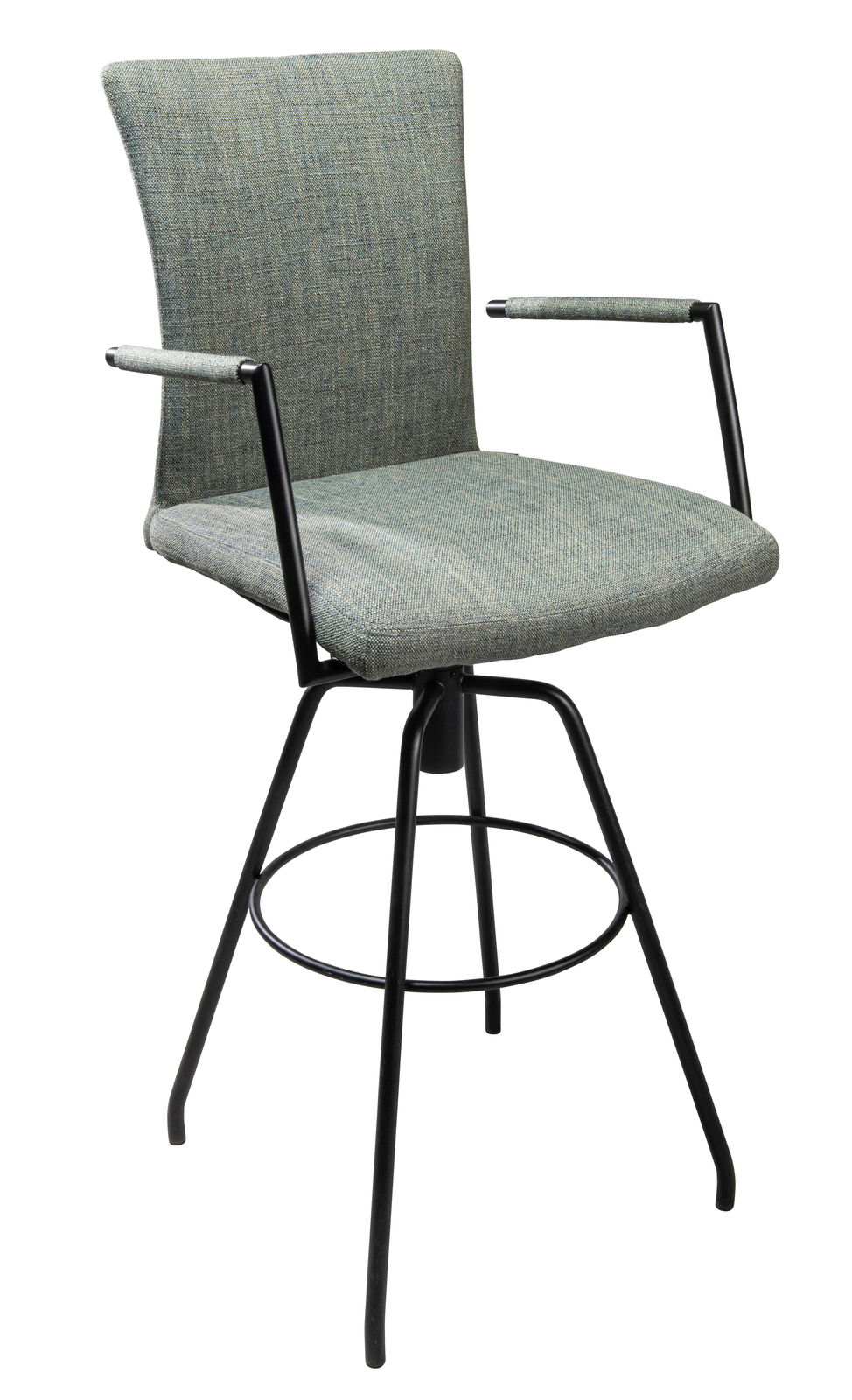 Moderner Barhocker mit gepolstertem Sitz und Rückenlehne in grauem Stoff, schwarzem Metallgestell und Armlehnen, seitliche Perspektive