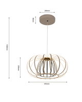 Moderne Pendelleuchte mit einem eleganten, offenen Design aus gebogenen Metallstreben, seitliche Perspektive.