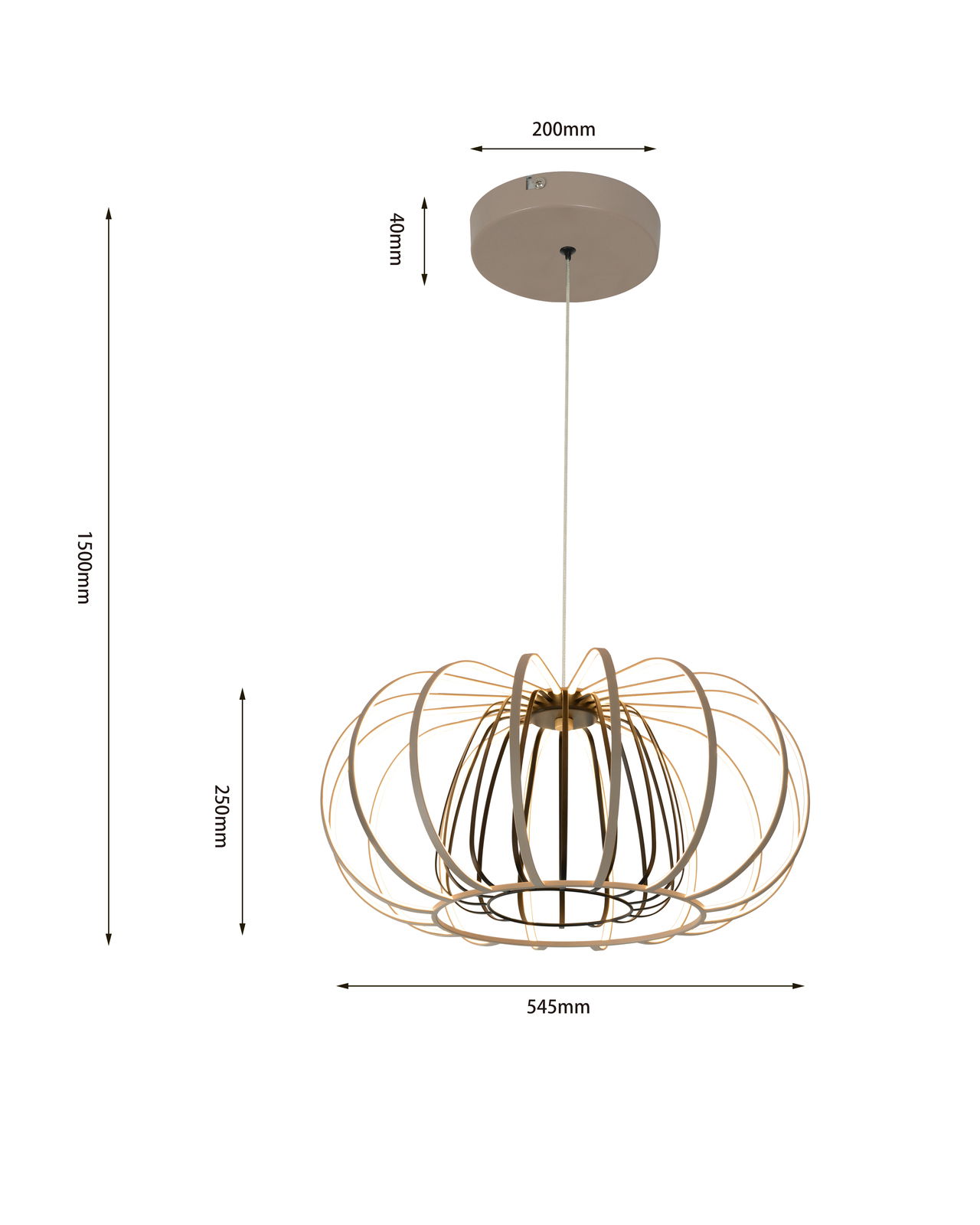 Moderne Pendelleuchte mit einem eleganten, offenen Design aus gebogenen Metallstreben, seitliche Perspektive.