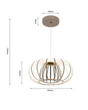 Moderne Pendelleuchte mit einem eleganten, offenen Design aus gebogenen Metallstreben, seitliche Perspektive.