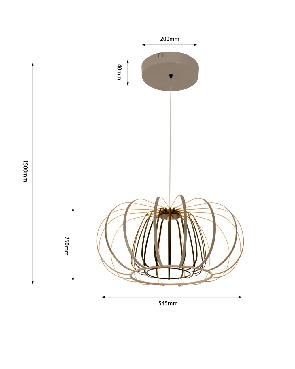 Moderne Pendelleuchte mit einem eleganten, offenen Design aus gebogenen Metallstreben, seitliche Perspektive.