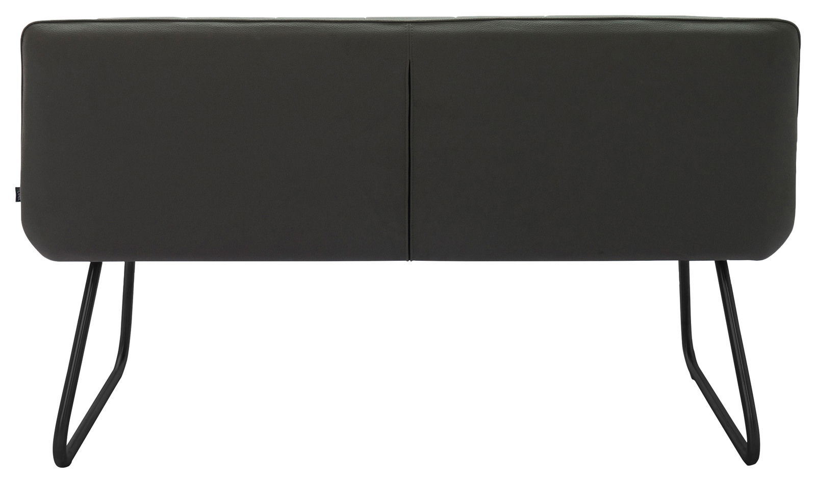 Rückansicht einer modernen Bank mit schwarzem Metallgestell und dunkelgrünem Polster.