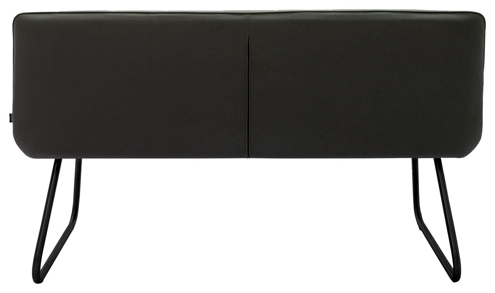 Rückansicht einer modernen Bank mit schwarzem Metallgestell und dunkelgrünem Polster.