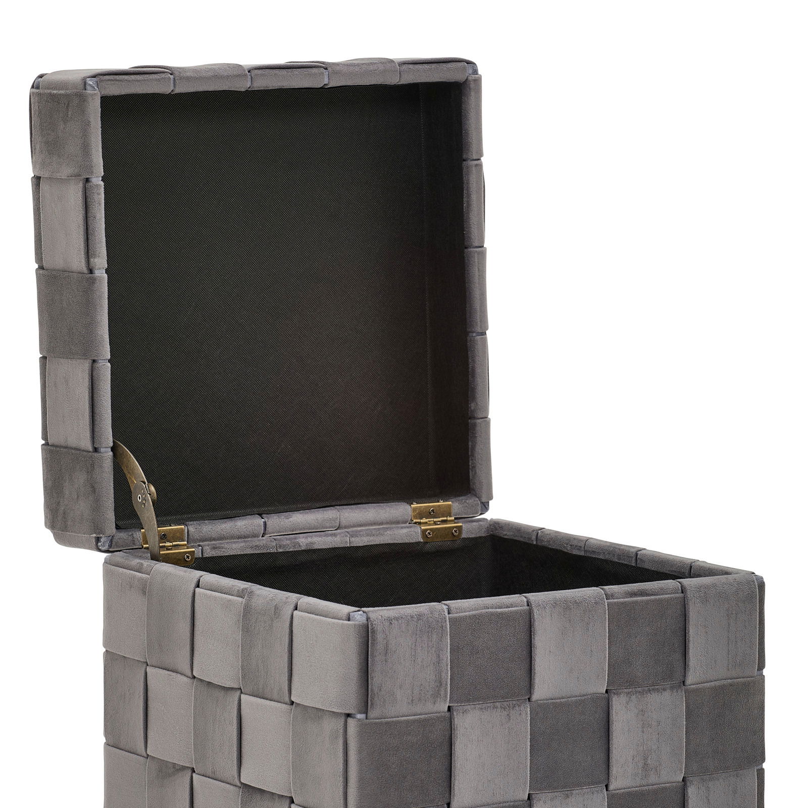 Grauer Hocker mit Stauraum, geöffneter Deckel, seitliche Perspektive