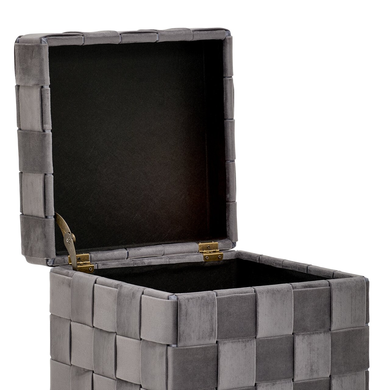 Grauer Hocker mit Stauraum, geöffneter Deckel, seitliche Perspektive