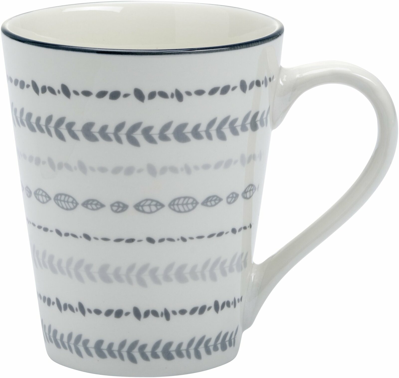 Keramikbecher mit grauem Rankenmuster, seitliche Perspektive