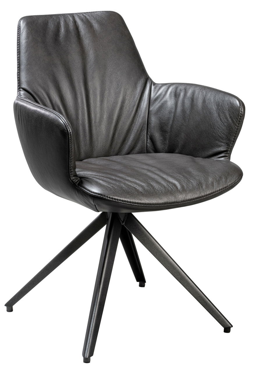 Moderner schwarzer Ledersessel mit Armlehnen und Metallbeinen, seitliche Perspektive