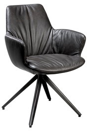 Moderner schwarzer Ledersessel mit Armlehnen und Metallbeinen, seitliche Perspektive