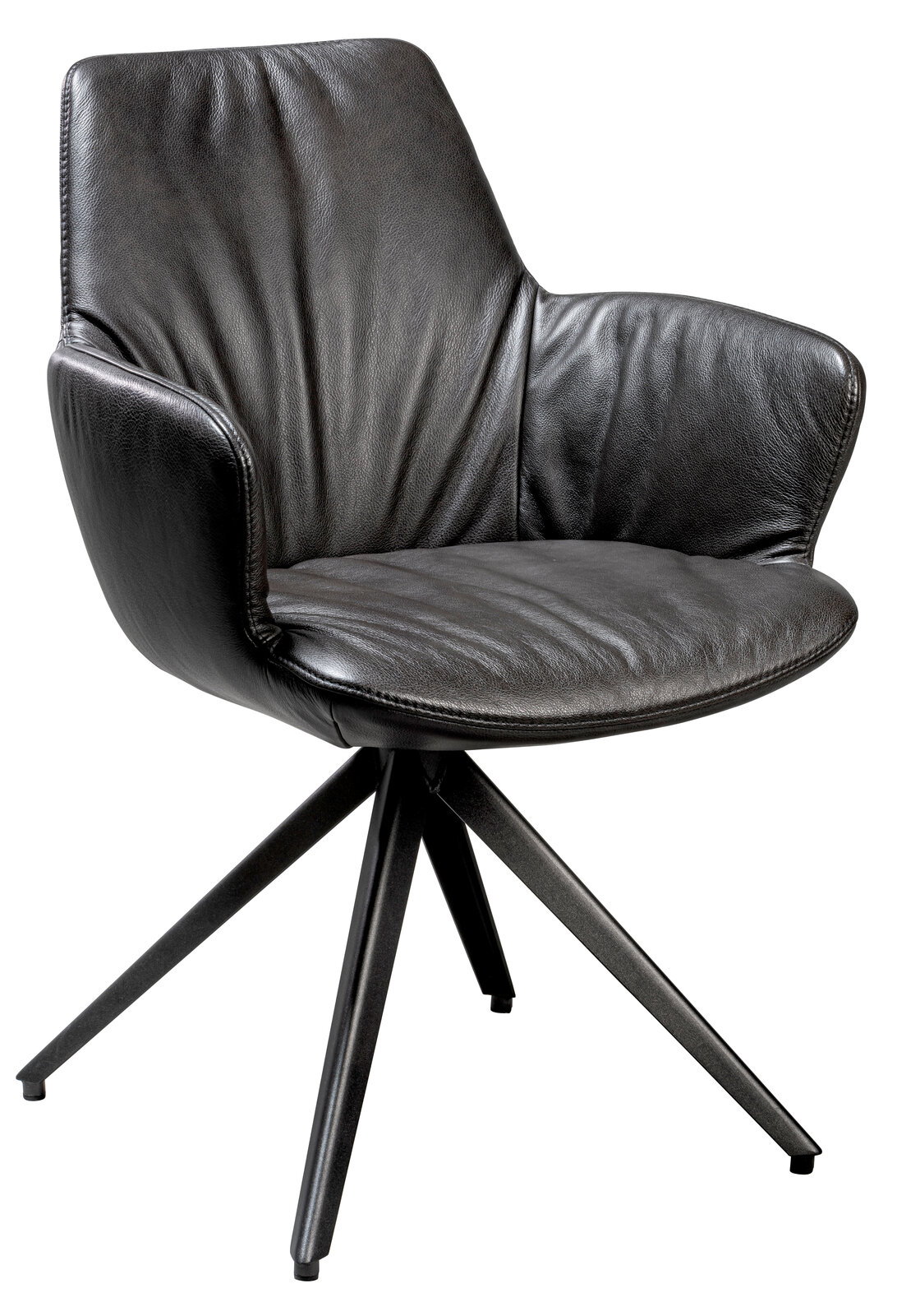 Moderner schwarzer Ledersessel mit Armlehnen und Metallbeinen, seitliche Perspektive