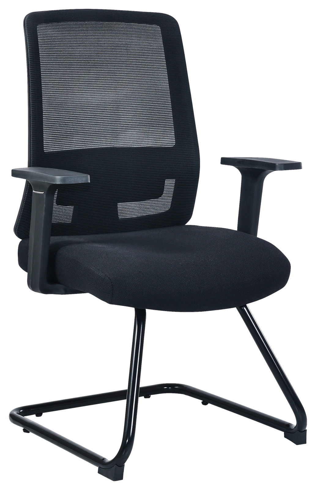 Moderner Besucherstuhl mit Netzrückenlehne und Armlehnen, seitliche Perspektive