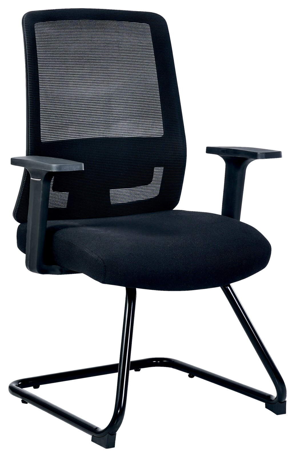 Moderner Besucherstuhl mit Netzrückenlehne und Armlehnen, seitliche Perspektive