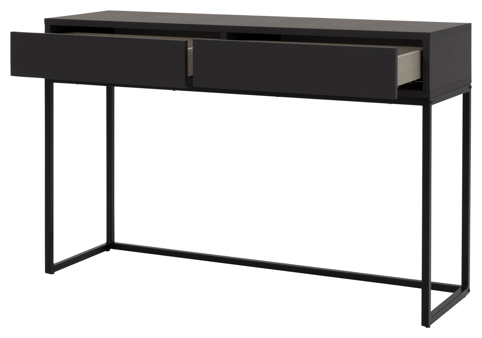 Schwarze Konsole mit zwei offenen Schubladen, seitliche Perspektive