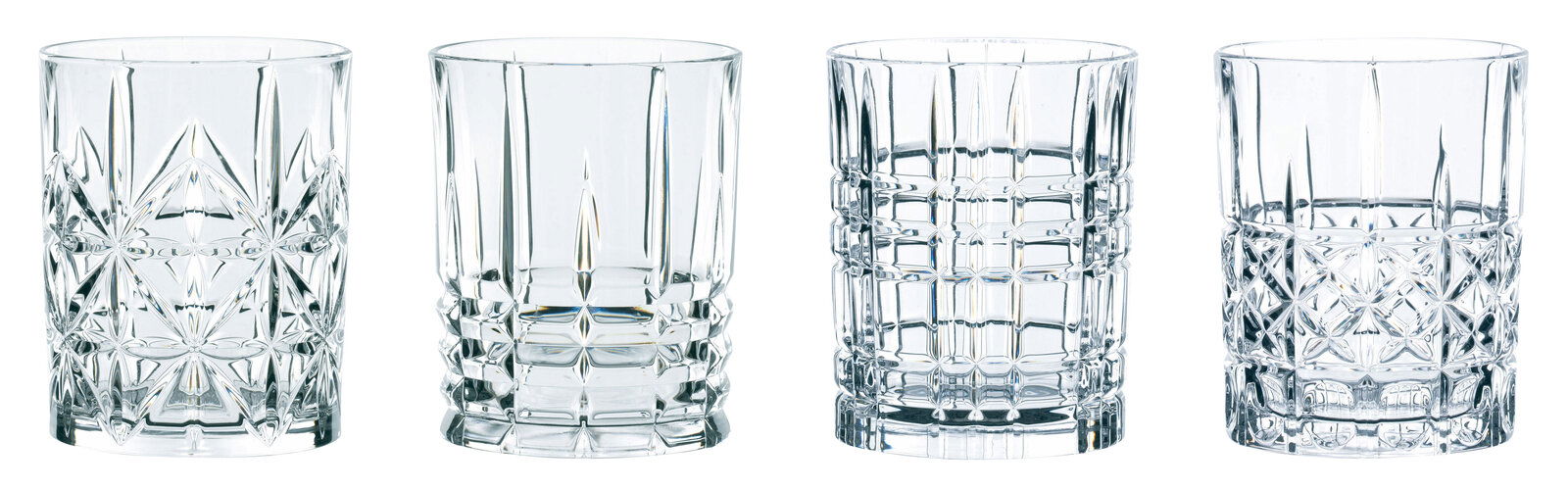 Nachtmann Glas-Set 4tlg.HIGHLAND Vier Kristallgläser im Set, frontal fotografiert, mit verschiedenen Schliffmustern.