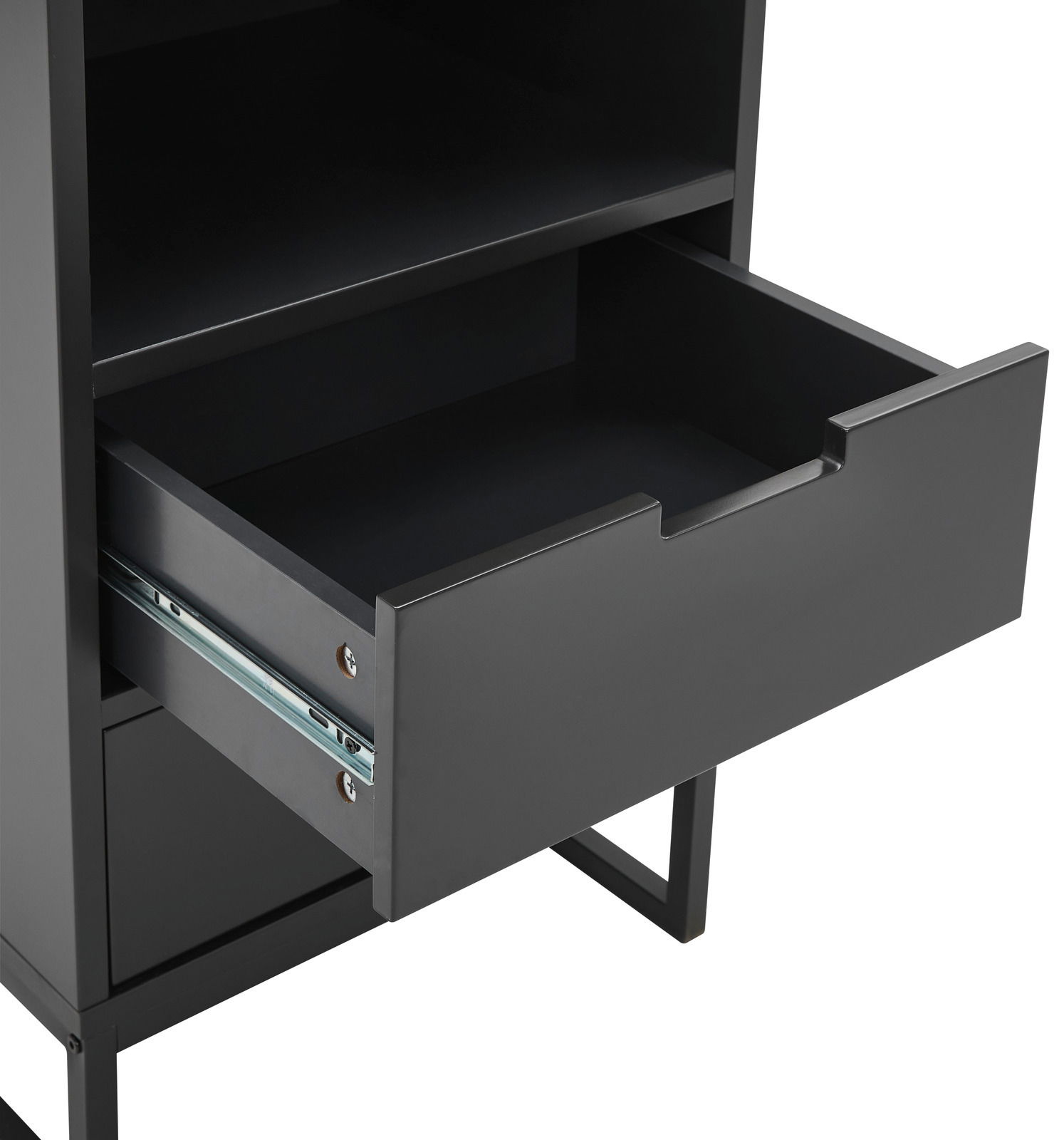 Schwarze Nachtkonsole mit offener Schublade, seitliche Perspektive