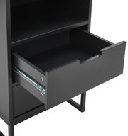 Schwarze Nachtkonsole mit offener Schublade, seitliche Perspektive