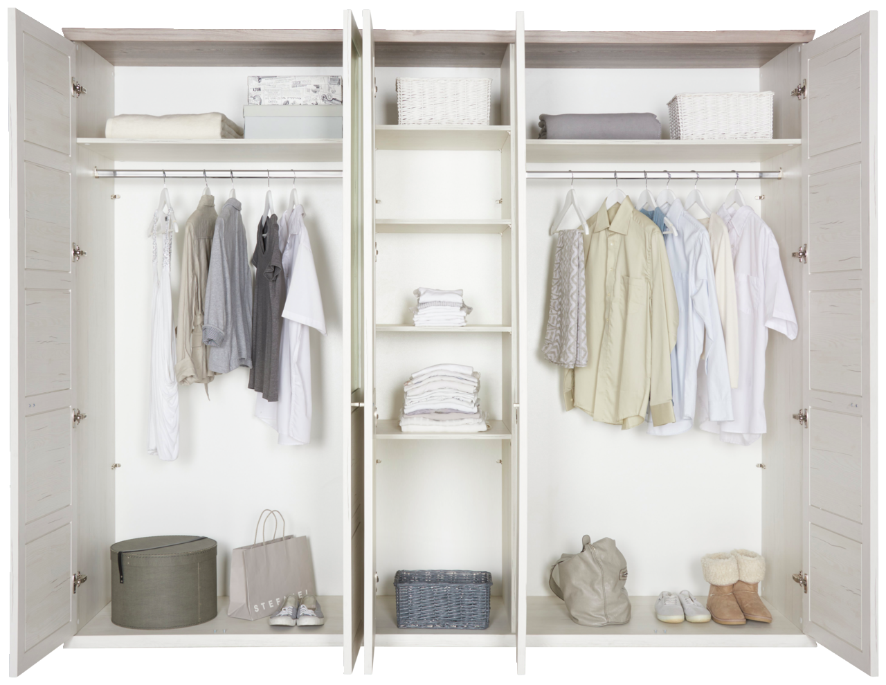 Offener 5-türiger Drehtürenschrank CAMRON mit Kleidung, Regalen und Aufbewahrungskörben, Frontalansicht