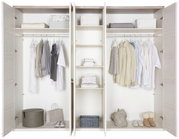 Offener 5-türiger Drehtürenschrank CAMRON mit Kleidung, Regalen und Aufbewahrungskörben, Frontalansicht