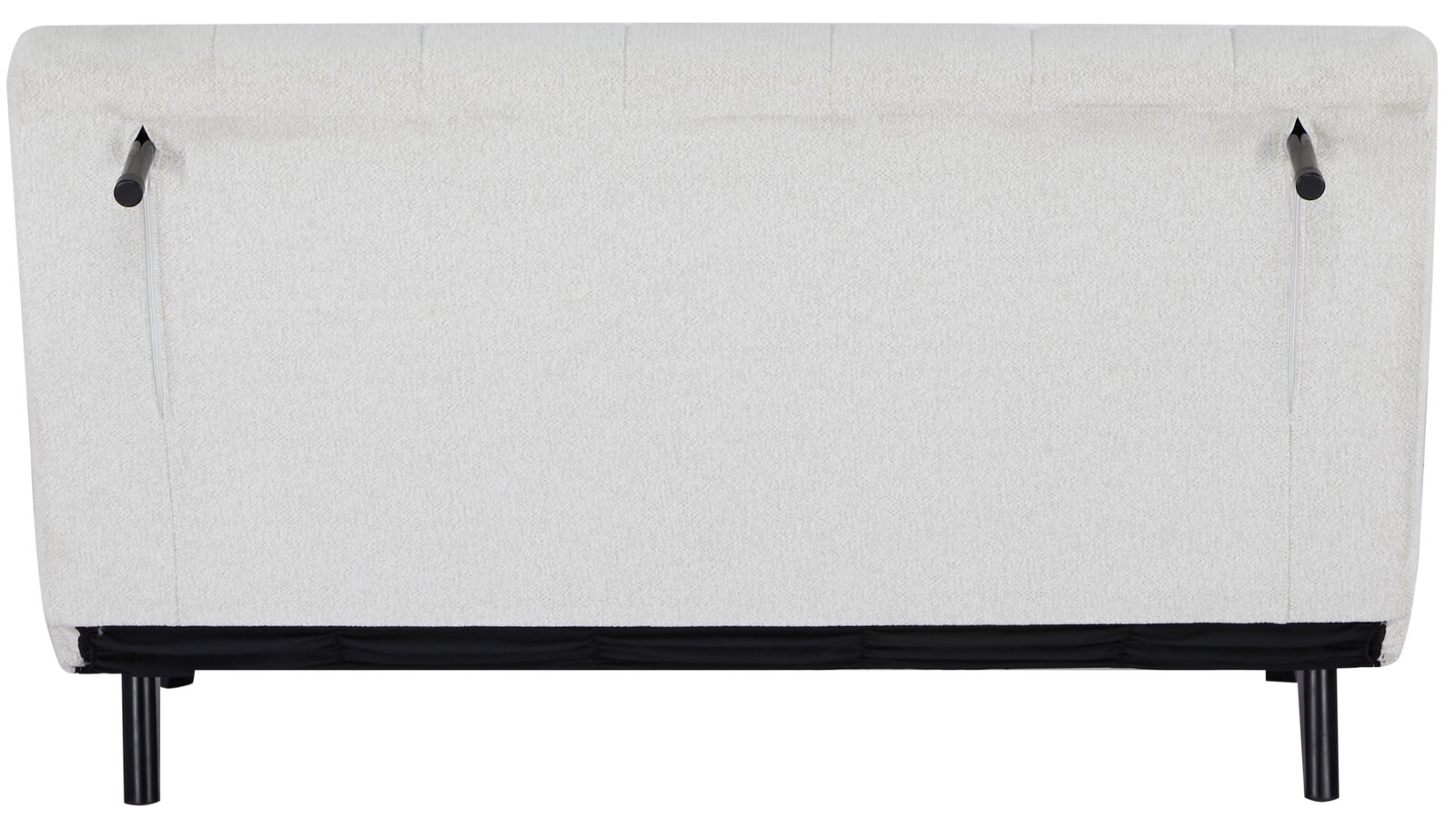 Rückansicht eines weißen Funktionssofas mit schwarzen Beinen und Hebelmechanismus.